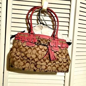 Coach Brown and Pink Signature Shoulder Bag